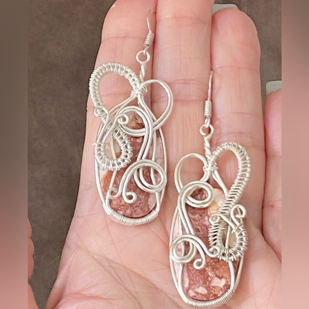 Handmade Brecciated Jasper Wire Wrapped Large Oval Earrings